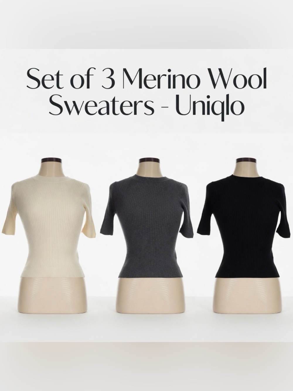 Set of 3 Uniqlo Ribbed Wool Short Sleeve Sweater Quiet Luxury Ivory Black Gray M